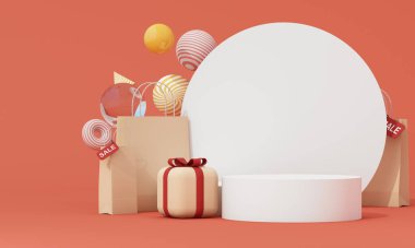 Hediye kutuları ve indirimli çantalarla şık bir alışveriş sahnesi, arka planda temiz, tatil promosyonları için mükemmel. 3d oluşturma.