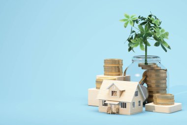 Birikimleri ve finansal büyümeyi sembolize eden, içinde bozuk paralar bulunan küçük tahta bir ev modeli ve cam bir kavanozda bir bitki..