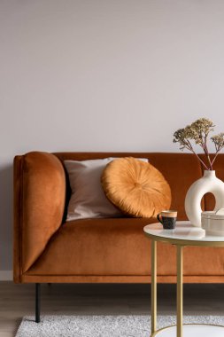 Zarif, kadife, yastıklı ve sehpasında süslemeleri olan renkli kanepeye yakın plan.