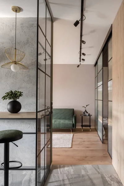 Hermoso Apartamento Interior Con Vidrio Reforzado Cocina Sala Estar Pared — Foto de Stock