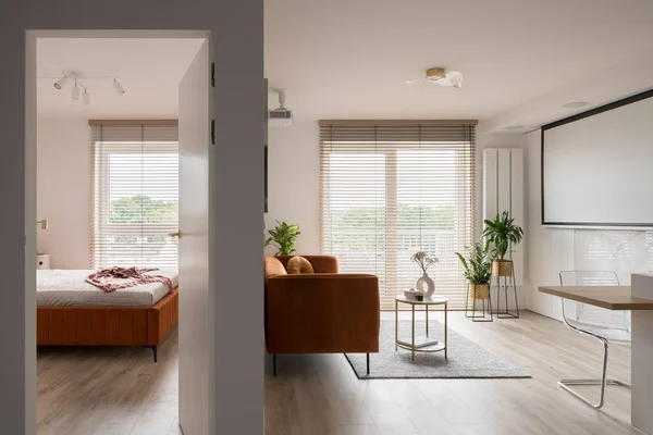 Ljus Lägenhet Med Sovrum Bredvid Vardagsrum Med Projektor Skärm — Stockfoto