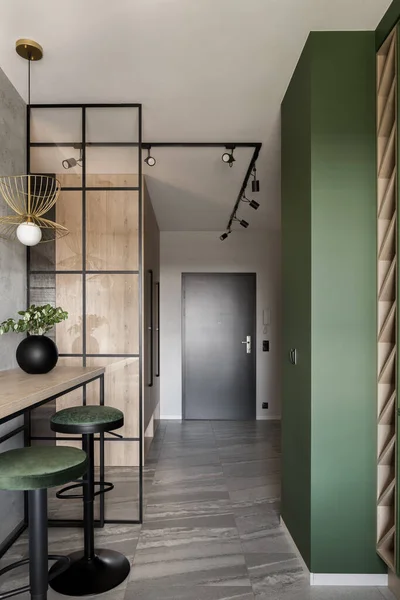 Stylový Interiér Apartmánu Výhled Moderní Kuchyně Zelenými Stěnami Hlavní Dveře — Stock fotografie