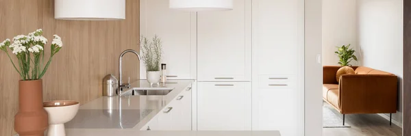 Panorama Cocina Pequeña Moderna Con Decoraciones Elegantes Muebles Estéticos Blancos — Foto de Stock