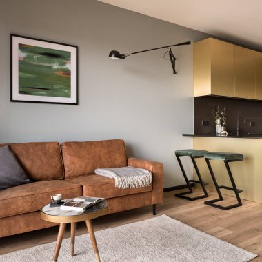 Büyük, kahverengi kanepeli rahat oturma odası siyah ve altın mobilyalı şık mutfağa açık.