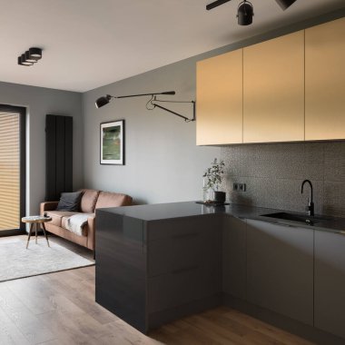 Moda mobilyaları olan çağdaş bir daire ve siyah ve altın kaplamalı mutfak.