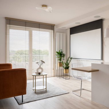Small and elegant living room with projector screen, big window with blinds, cozy velvet sofa, coffee table and plants