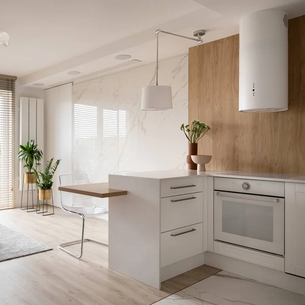 Small and stylish kitchen with white furniture, oven, lamp and kitchen hood open to room with marble wall, carpet and plants