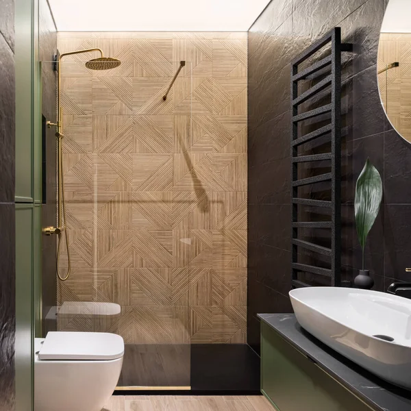 Elegant Bathroom Decorative Wooden Style Wall Tiles Shower Area Golden lizenzfreie Stockbilder
