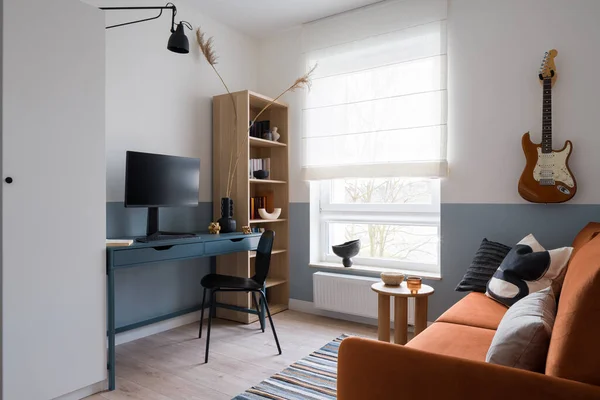 Modern Decorated Teenager Room Blue Desk Study Stylish Orange Sofa Stockbild