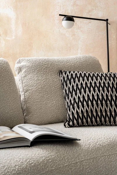 Elegant Beige Sofa Decorative Patterned Pillow Open Book Modern Black — стоковое фото