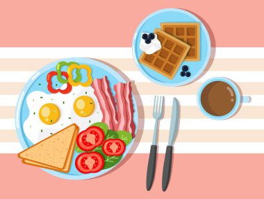 Yemek resimli kahvaltı, pastırmalı omlet, domates, yeşillik, kahveli waffle.