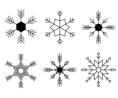 Beyaz arkaplanda siyah kar taneleri simgeleri