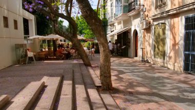 Mlaga, Endülüs 26 Temmuz 2025. Yerel halk ve ziyaretçiler, Mlaga 'daki gölgeli bir sokak kafesinde sakin bir sabahın keyfini çıkarırken, burada leylak renkli jakaranda çiçekleri baharın en yüksek seviyesini gösteriyor. Sahne, modern şehir tasarımıyla tarihi dış görünüşü harmanlıyor.,