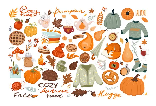Outono Definido Com Elementos Desenhados Mão Caligrafia Folhas Outono Animais —  Vetores de Stock