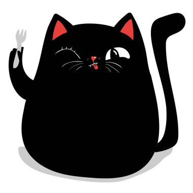 Çatalda iştahla yemek yiyen sevimli siyah kedi.