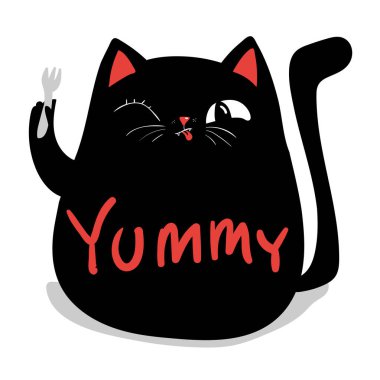 Çatalda iştahla yemek yiyen sevimli siyah kedi.