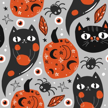 Cadılar Bayramı Siyah Kediler ve Balkabaklarıyla Kusursuz Desen, sevimli kawaii kara kedi karakteri, kumaş, ambalaj kağıdı, duvar kağıdı ve diğer şeyler için.