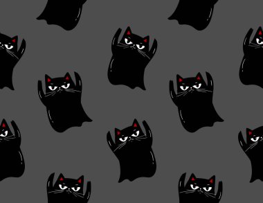 Huysuz hayalet el çizilmiş kara kedi deseni, şirin cadılar bayramı kusursuz desen, arka plan kadar harika, tekstil, afişler, duvar kağıtları, ambalaj.
