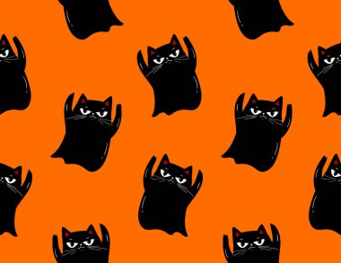 Huysuz hayalet el çizilmiş kara kedi deseni, şirin cadılar bayramı kusursuz desen, arka plan kadar harika, tekstil, afişler, duvar kağıtları, ambalaj.