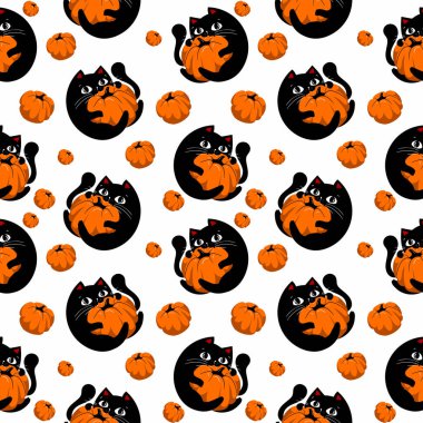 Siyah kedi ve balkabağıyla kusursuz bir Cadılar Bayramı deseni. Vektör suluboya çizimi