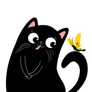 Sarı kelebekli Kawaii kara kedisi. Siyah kedi beyaz arka planda izole edilmiş. Web tasarımı için bir etiket şablonu, logo ögesi, simge olarak kullanılabilir.
