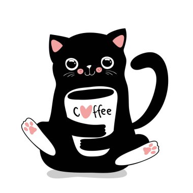 Black Cat kahve fincanı tutuyor, kafein aşıkları ve kedi severler için mükemmel. Kawaii düz stil, Vektör İllüstrasyonu