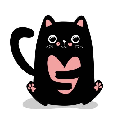 Siyah kawai kedisi, büyük pembe kalbi tutan kedi yavrusu. Sevgililer Günün kutlu olsun. Şirin çizgi film kawaii komik hayvan karakterli kafa surat. Düz dizayn. Aşk kartı. Çıkartma izi. Beyaz arkaplan