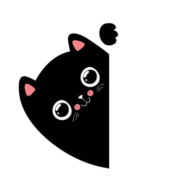 Siyah kawaii kedi silueti boş kağıt tutuyor. Pençeler. Şirin kawaii çizgi filmi komik bebek karakteri. Çocukça. Tebrik kartı. Beyaz arkaplan, düz tasarım