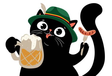 Oktoberfest, karakteri siyah kedi bira içiyor, yeşil şapkalı, kawaii düz vektörü 10.