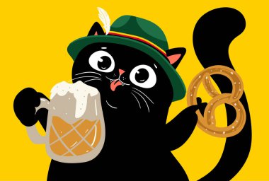 Oktoberfest, karakteri siyah kedi bira içiyor, yeşil şapkalı, kawaii düz vektörü 10.
