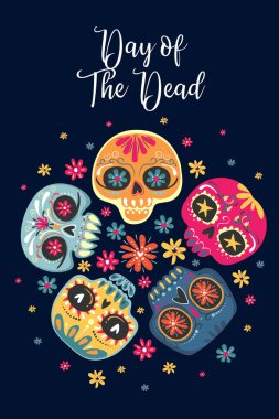 Şeker Kafatası Seti. Ölü Kafatası Günü, beyaz arka planda izole edilmiş. Dia de los Muertos. Meksika şeker kafatası. Logo, amblem, işaret, poster, kart, pankart için tasarım ögesi.