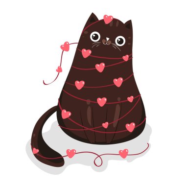 Çizgi film kedisi şaşı gözlü, kalp çelengi takan. Sevgililer Günü tebrik kartı. Şirin kedicik..