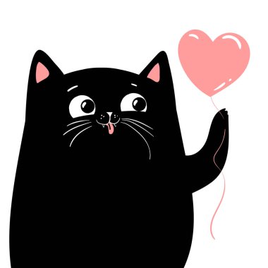 Siyah kawai kedisi, kedi yavrusu, büyük pembe kalbi tutan kedi. Sevgililer Günün kutlu olsun. Şirin çizgi film kawaii komik hayvan karakterli kafa surat.