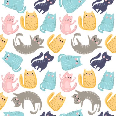 Renkli kedilerle kusursuz bir desen. Düz stil olarak komik çocuksu doku, kumaş, tekstil, duvar kağıdı, ambalaj kağıdı, kapak ve diğerleri için mükemmel. Vektör İllüstrasyonu