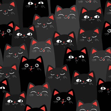 Siyah ve gri Kawaii Kedileri. Çizgi film kusursuz desen. Vektör
