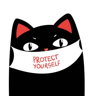 Kendinizi koruyun. Beyaz maske, siyah kedi karakteri, vektör çizimi..
