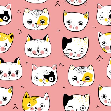Pembe Arkaplanda Çizgi Film Kedi Yüzü Tasarımı ile Kusursuz Desen.