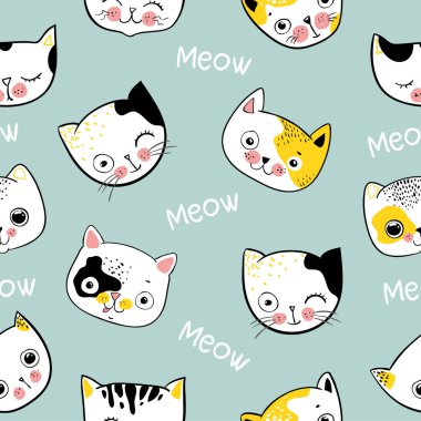 Beyaz Arkaplanda Çizgi Film Kedi Yüzü Tasarımı ile Kusursuz Desen