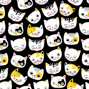 Beyaz Arkaplanda Çizgi Film Kedi Yüzü Tasarımı ile Kusursuz Desen