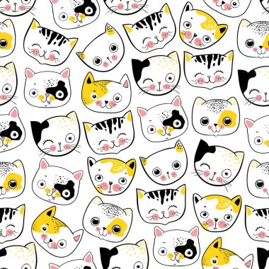 Beyaz Arkaplanda Çizgi Film Kedi Yüzü Tasarımı ile Kusursuz Desen