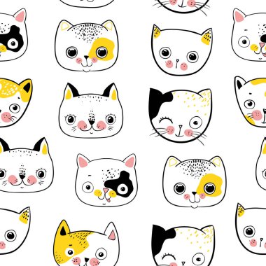 Beyaz Arkaplanda Çizgi Film Kedi Yüzü Tasarımı ile Kusursuz Desen.