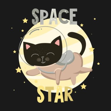 Uzayda sevimli siyah kedi. Komik vektör çizimi. Çocuklar için mükemmel, bebek tasarımı, duvar sanatı, poster