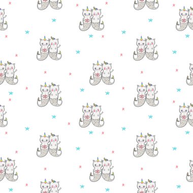 Kusursuz desenli arka plan. Mavi üzerine kedi ikizleri. Çizgi film biçimi, vektör illüstrasyonu.