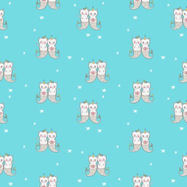 Kusursuz desenli arka plan kedicik mavi üzerine tek boynuzlu at sürüyor. Çizgi film biçimi, vektör çizimleri