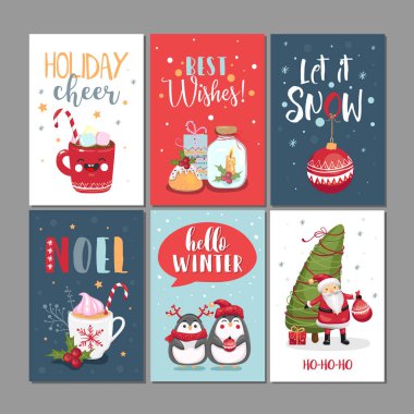 Sevimli Merry Christmas ve Happy New Year tebrik kartları Koleksiyonu. El çizilmiş tatil posterleri şablonları, kartpostal tasarımı kümesi. Vektör illüstrasyon Eps 10