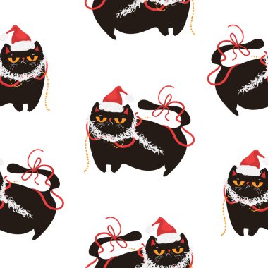 Noel Baba şapkalı siyah kedilerle kusursuz bir desen. Pankart, davetiye, kart, selamlama, afiş, kapak, kumaş, ambalaj kağıdı, duvar kağıdı için uygun tasarım.