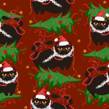 Komik Noel kedisi kusursuz desen. Huysuz kara kedi bir Noel ağacını çelenkle devirdi. Hediye kutusu. Pankart, davet, kart, selamlama, bayrak, kapak, kumaş, ambalaj için uygun tasarım 