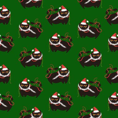 Noel Baba şapkalı siyah kedilerle kusursuz bir desen. Pankart, davetiye, kart, selamlama, afiş, kapak, kumaş, ambalaj kağıdı, duvar kağıdı için uygun tasarım