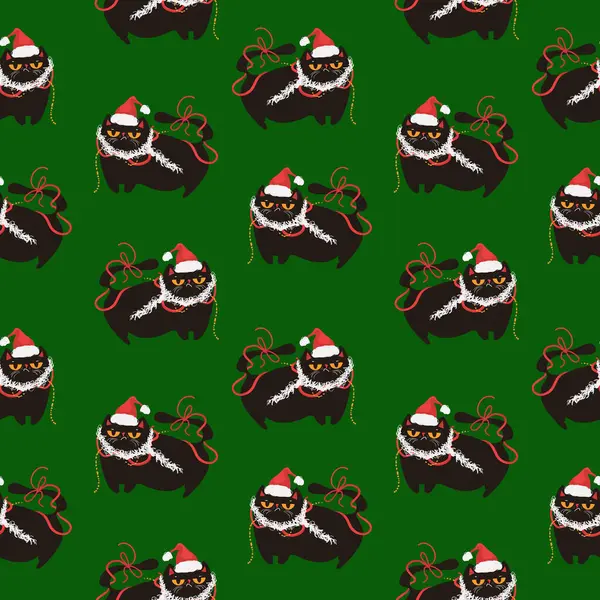 Noel Baba şapkalı siyah kedilerle kusursuz bir desen. Pankart, davetiye, kart, selamlama, afiş, kapak, kumaş, ambalaj kağıdı, duvar kağıdı için uygun tasarım