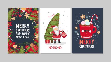 Sevimli Mutlu Noeller ve Mutlu Yıllar tebrik kartları koleksiyonu. Kawaii anime tarzı. El çizimi tatil posterleri şablonları, kartpostal tasarımı. Vektör illüstrasyonu EPS 10